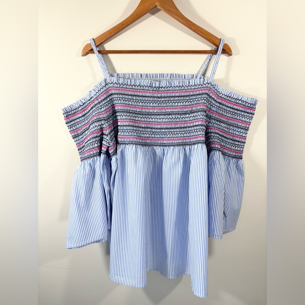 Lane Bryant smocked off the shoulder bell sleeve top